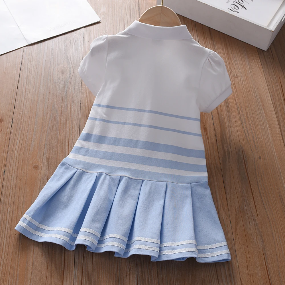 Color: Blue, Kid Size: 3T - Girls' Fashion Polo Dress with Stripes Kids Elegant Puffed Sleeves Clothes Baby Girls Summer Dresses
