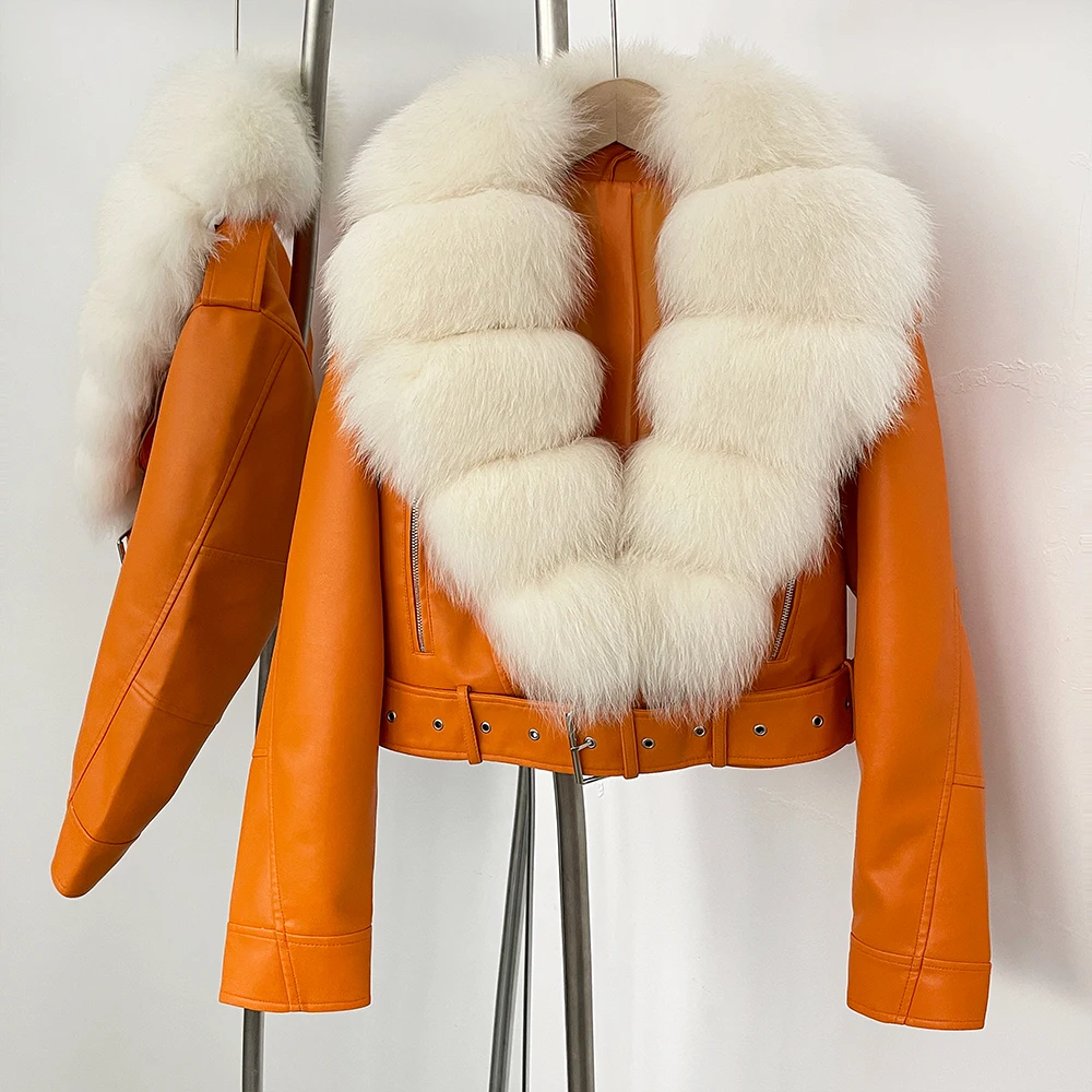 Color: WHITE, Size: L - Fake Leather Coat New Natural Fox Fur Autumn Short Faux Leather Jacket Female Spring PU Women Long Sleeve Real Fur Coat Thin