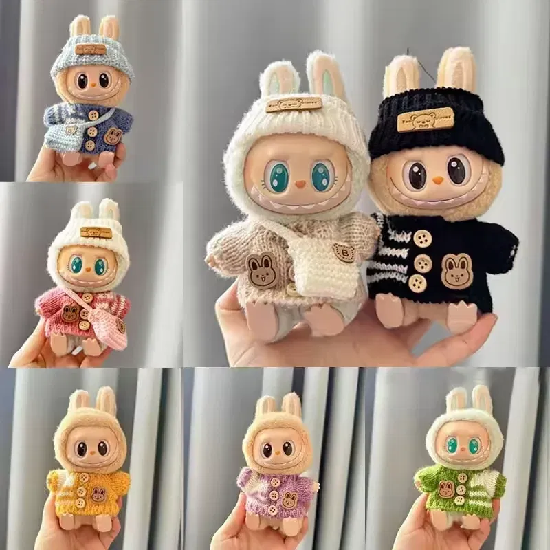 Color: WHITE - Cute Labubu Bunny Doll Accessories with Knitted Clothes Rabbit Ears Hat Heart Sweater for Toy Collectors Labubu Clothes