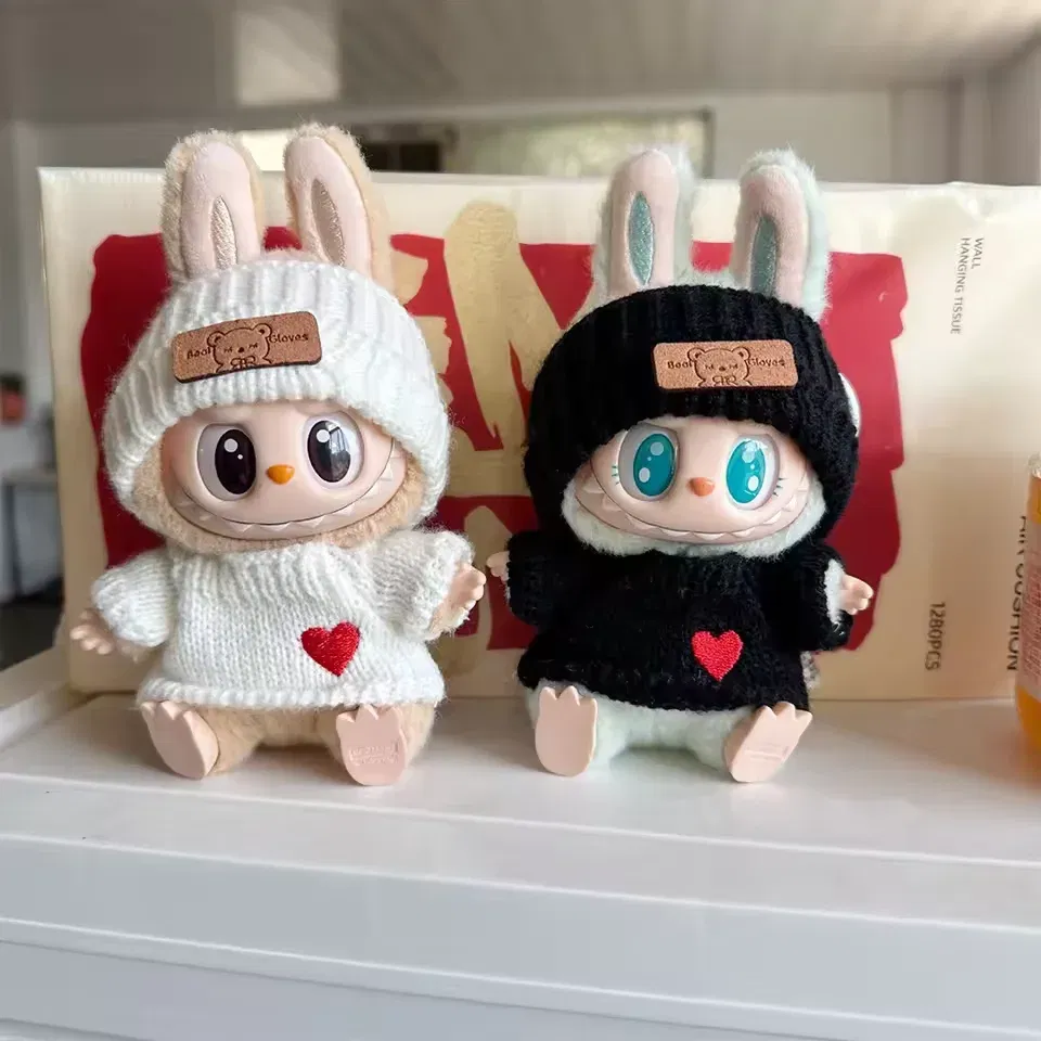 Color: WHITE - Cute Labubu Bunny Doll Accessories with Knitted Clothes Rabbit Ears Hat Heart Sweater for Toy Collectors Labubu Clothes