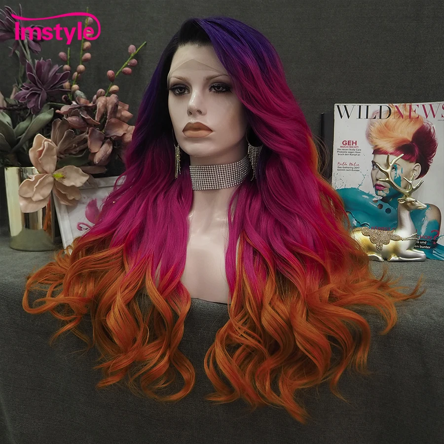 Imstyle Ombre Synthetic Lace Front Wig Multicolor Purple Wigs For Women Heat Resistant Fiber Long Wavy Lace Wig Party Wig