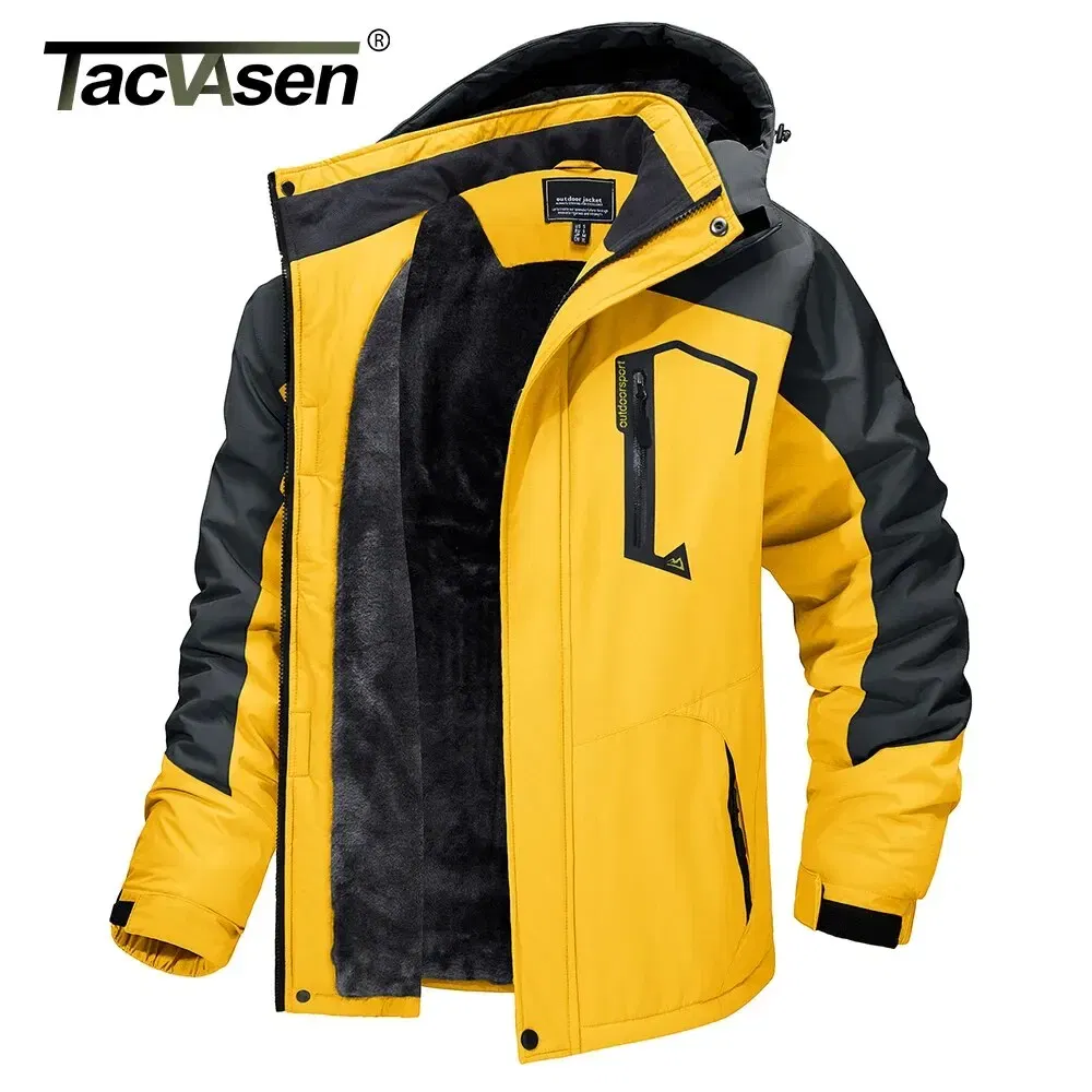 Size: XXXL, Color: Yellow - TACVASEN Winter Mens Skiing Jacket Hood Waterproof Hiking Fishing Travel Fleece Jacket Snowboard Coats Outdoor Parka Windbreaker
