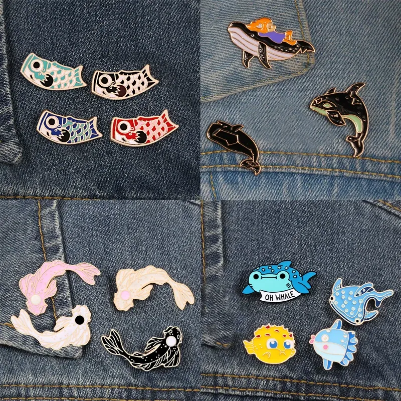 Metal color: Blue Zinc Plated, Ships From: CHINA - Cartoon Fish Brooches Collection Fish Koi Flag Bag Clothes Decorative Jewelry Goldfish Shark Whale Brooch Lapel Enamel Pin Badge