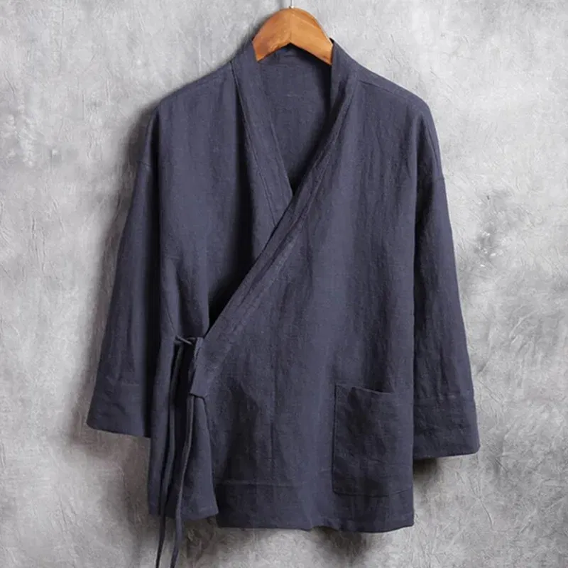 Color: Gold, Size: M - Plus Size M-6XL Pure Color Men's Tops 2024 New Cotton Linen Oblique Placket Long Sleeve Linen Hanfu chinese Clothing Kimono