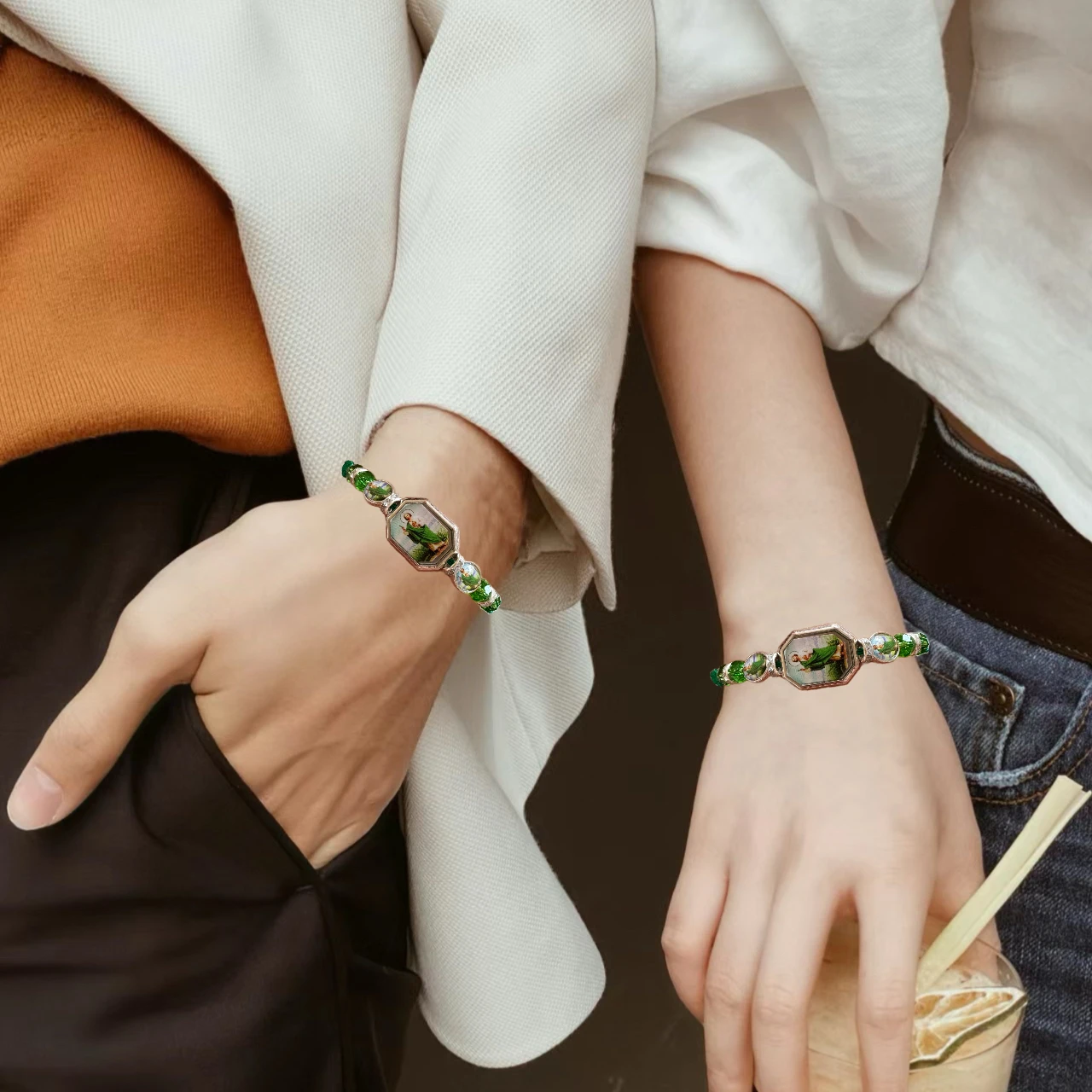 Metal Color: Rhodium Plated - 12 Pieces Mexican Bracelets Saint Jude Bracelet Catholic Green Handmade String Bracelets San Judas Tadeo Rosary Bracelet Gift
