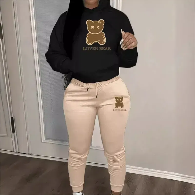 Color: WHITE, Size: L - 2 Piece Set Women Outfit Letter Bear Print Hooded Neck Hoodies Sweatshirt Pants Tracksuit 2024 Plus Size Streetwear Casual Suit