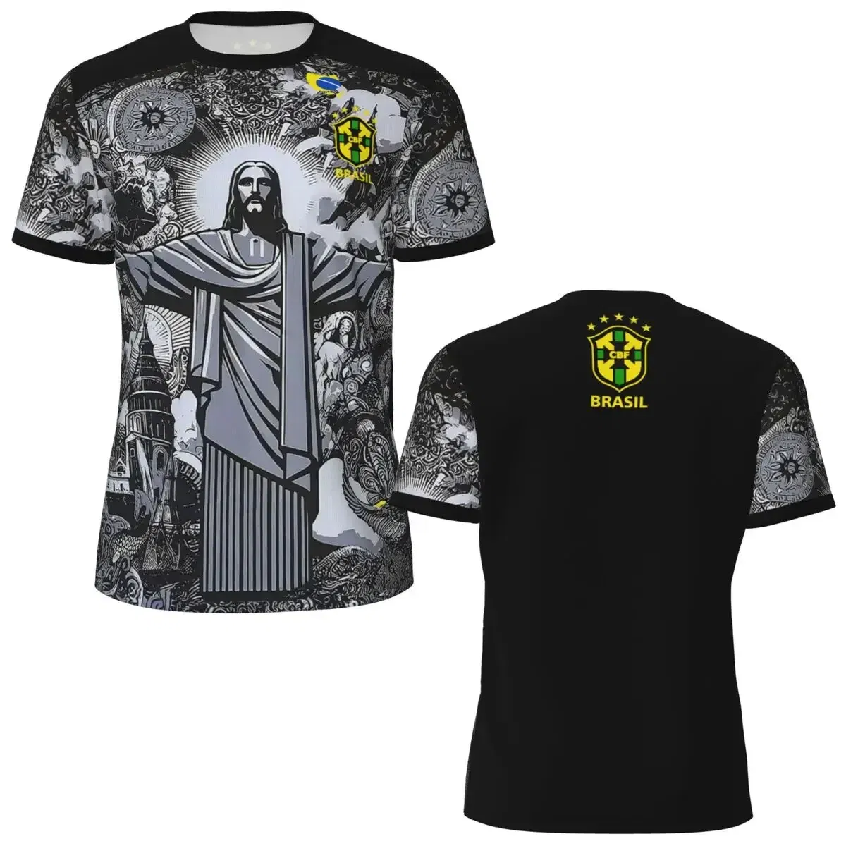 Color: black, Size: 4XL - 2024 Brazil Jesus Christ The Redeemer Special Edition Football Jerseys Breathable For Adult Children Soccer Traning Tops Shirts