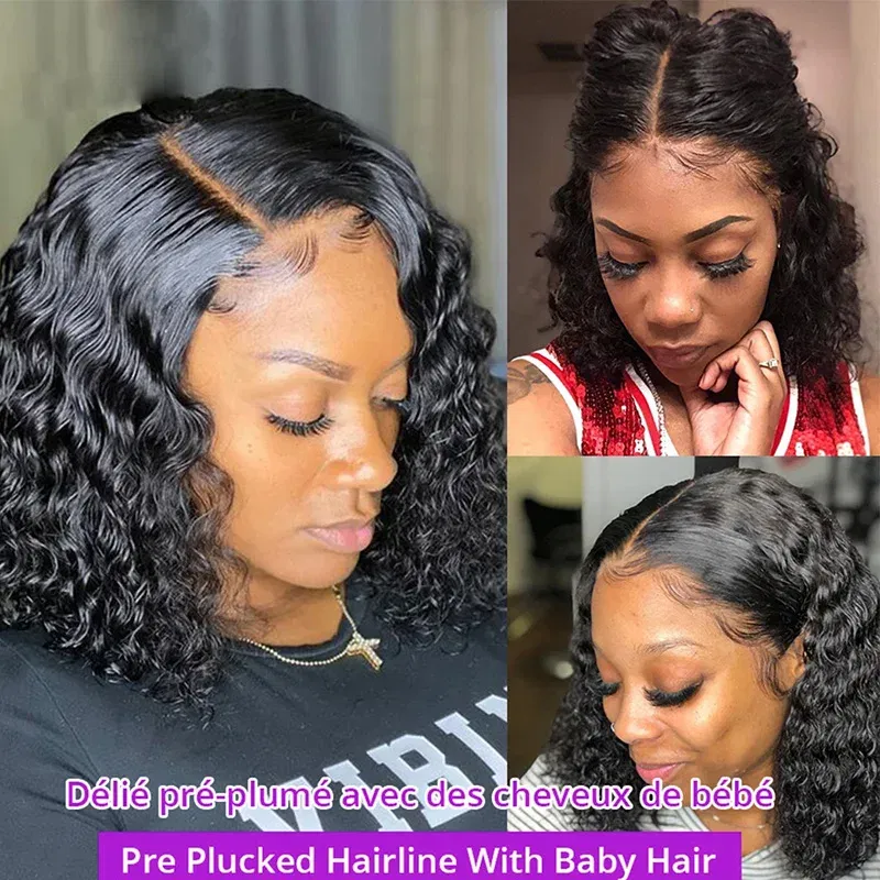 Density: 180%, Stretched Length: 8inches, Lace Wig Type: 13*4 - Deep Wave 180% Density Pre-Plucked Side Part Short Bob 13*4 Lace Frontal Brazilian Virgin Human Hair Wigs For Black Woman