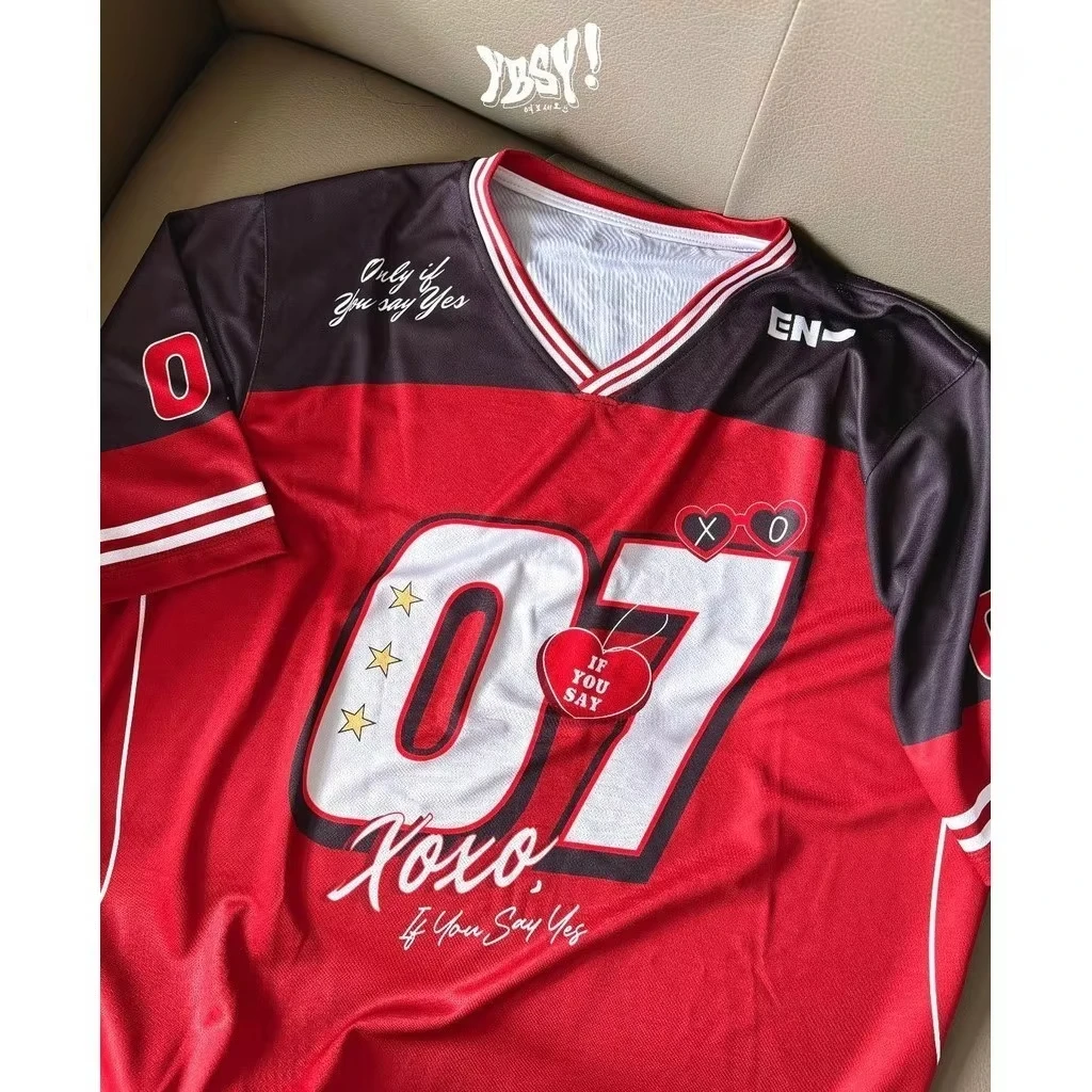 Color: Beige, Size: XL - 2025 Summer New EN Special Jersey X.O Women's V-neck Loose Breathable T-shirt Street Fashion Casual Retro Y2K Hip Hop Shirt