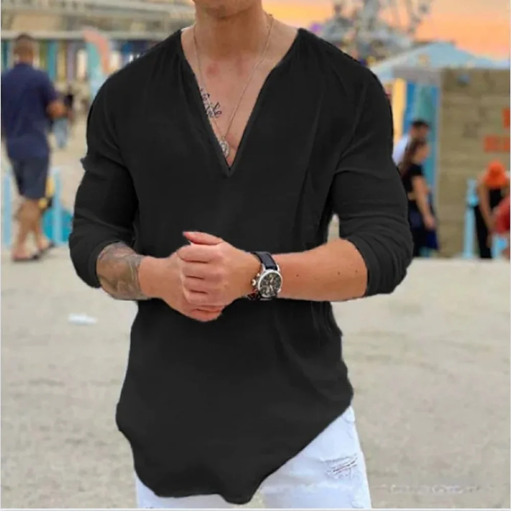 Color: Beige, Size: XXL, Ships From: CHINA - New men's Casual Shirt Trend Fashion V-Neck Loose Street Style Solid Color Long-Sleeved Pullover Spring And Autumn Tops