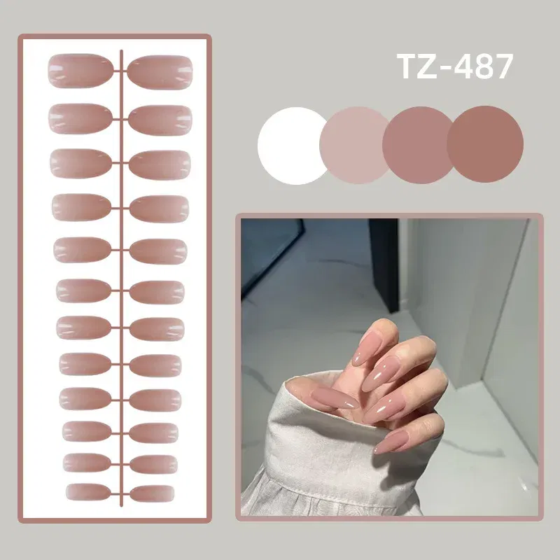 Color: Light Blue - 24Pcs/Set Long Round Head Bright Solid Color Press On Acrylic Nail Art Fake Nails Finished Wearing Manicure Reusable False Nails