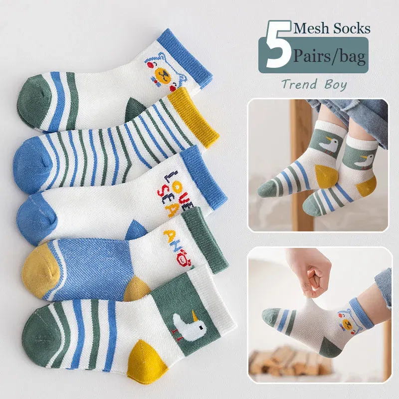 Color: Blue, Size: 7-9T - Baby Socks Summer Mesh Socks Childrens' Summer Socks Breathable Cotton Socks for Boys 5 Pairs/lot