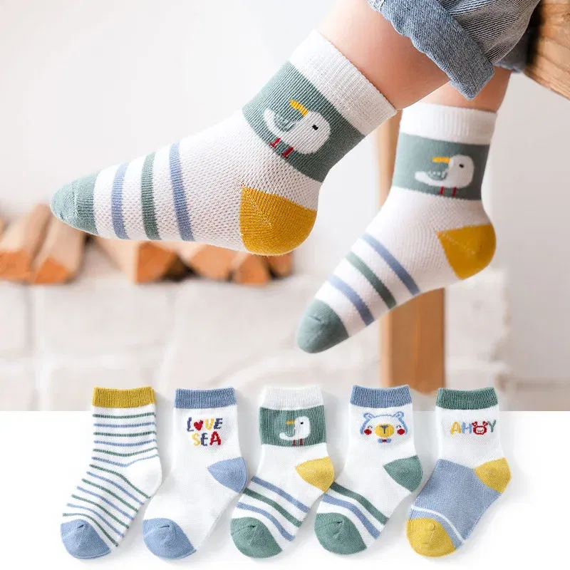 Color: Blue, Size: 7-9T - Baby Socks Summer Mesh Socks Childrens' Summer Socks Breathable Cotton Socks for Boys 5 Pairs/lot