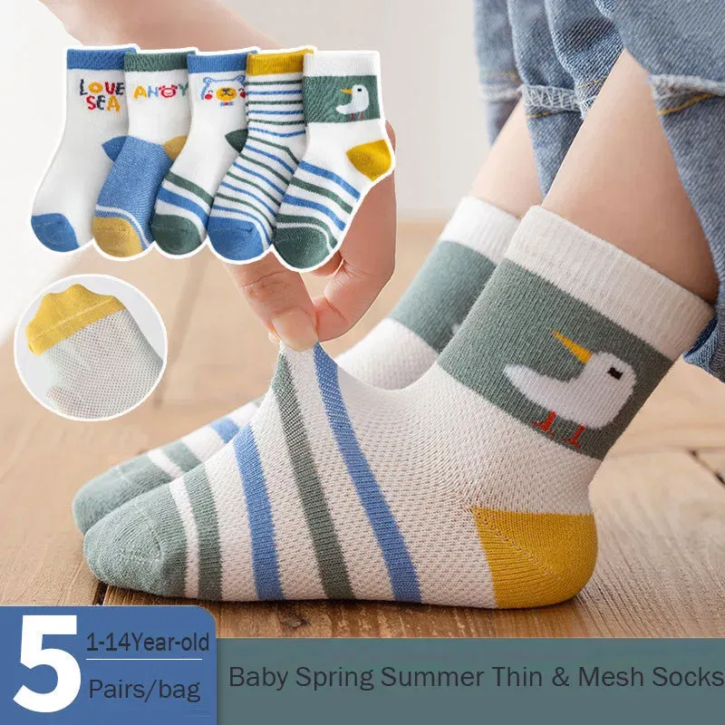 Color: Blue, Size: 7-9T - Baby Socks Summer Mesh Socks Childrens' Summer Socks Breathable Cotton Socks for Boys 5 Pairs/lot