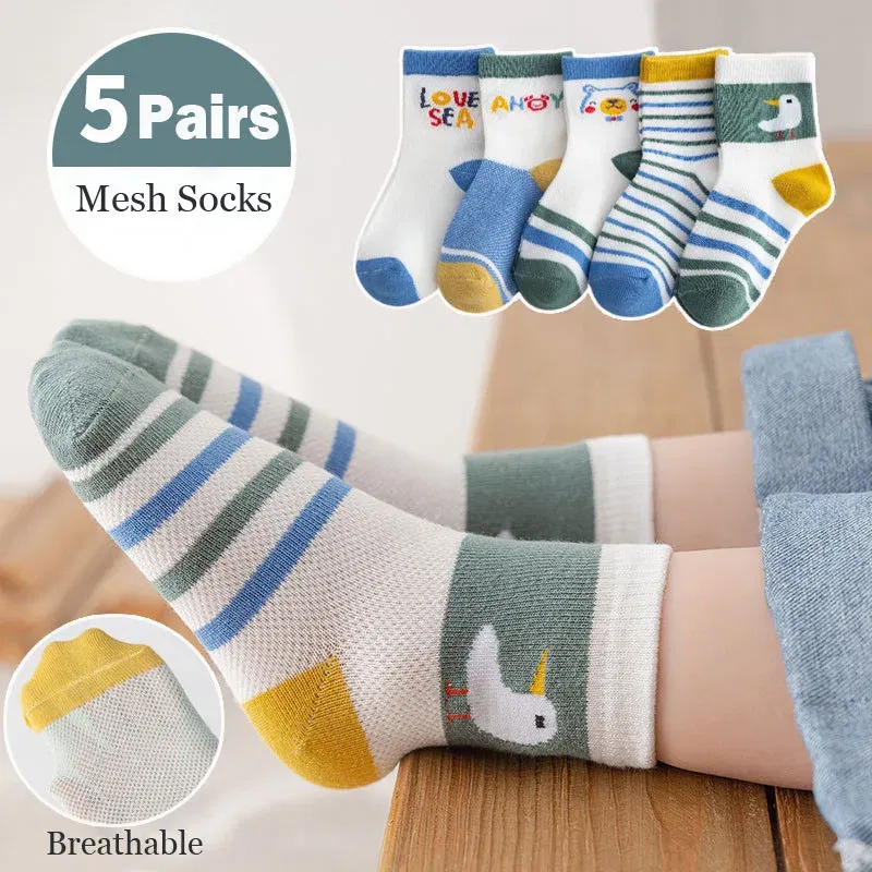 Color: Blue, Size: 7-9T - Baby Socks Summer Mesh Socks Childrens' Summer Socks Breathable Cotton Socks for Boys 5 Pairs/lot