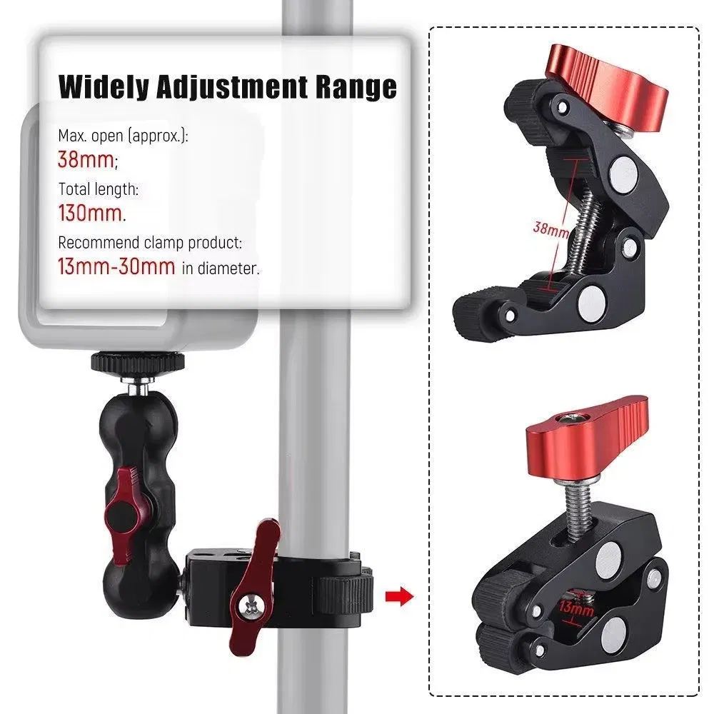 Color: black - Super Clamp Camera Clamp Mount Monitor 360?° Ballhead Magic Arm Double Ball Head Adapter with 1/4"-20 & 3/8"-16 For video