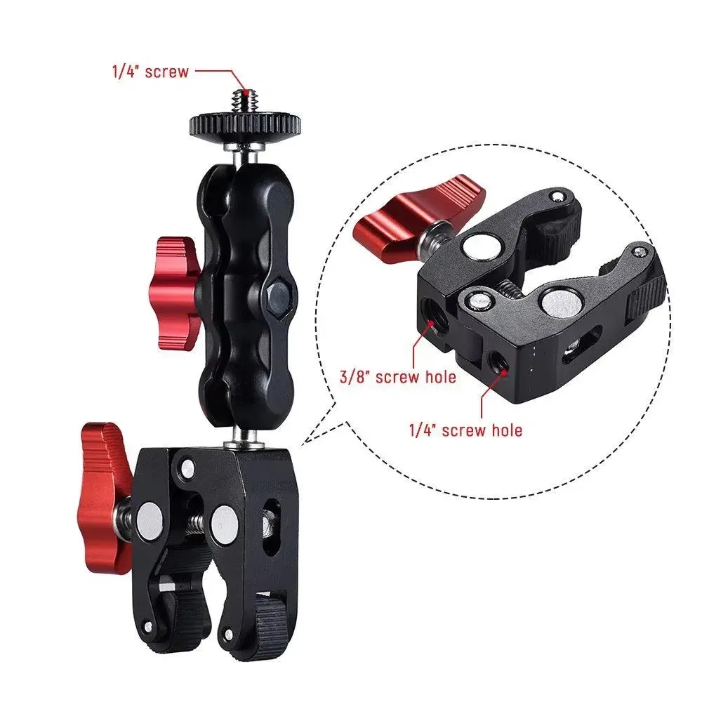 Color: black - Super Clamp Camera Clamp Mount Monitor 360?° Ballhead Magic Arm Double Ball Head Adapter with 1/4"-20 & 3/8"-16 For video