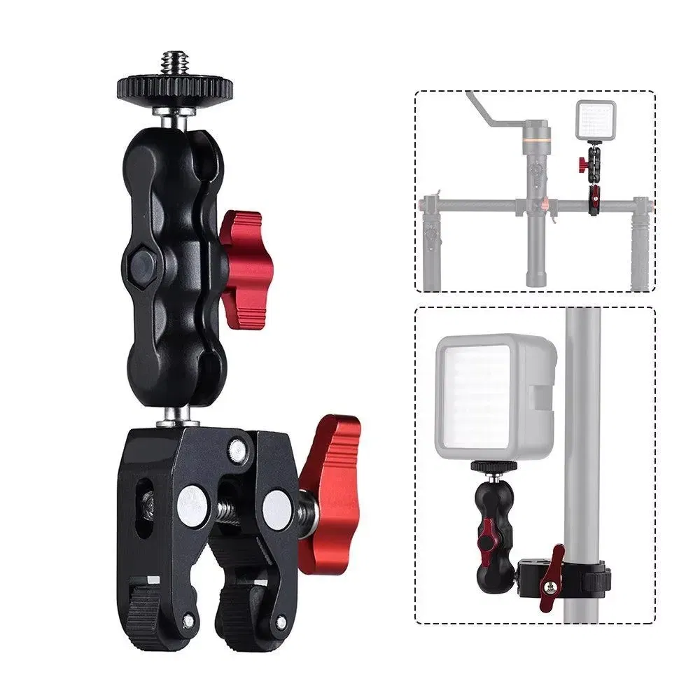 Color: black - Super Clamp Camera Clamp Mount Monitor 360?° Ballhead Magic Arm Double Ball Head Adapter with 1/4"-20 & 3/8"-16 For video
