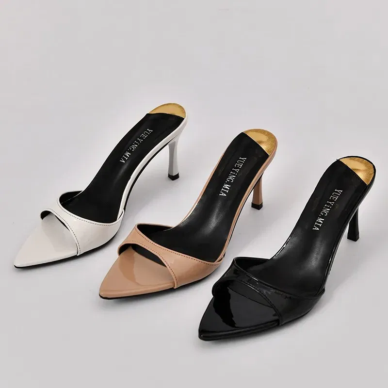 Color: WHITE, Shoe Size: 41 - Pointed Stiletto Heels Women Pumps Patent Leather 2024 Summer Designer Mule Sandals Elegant Sexy Office High Heels Women Shoes
