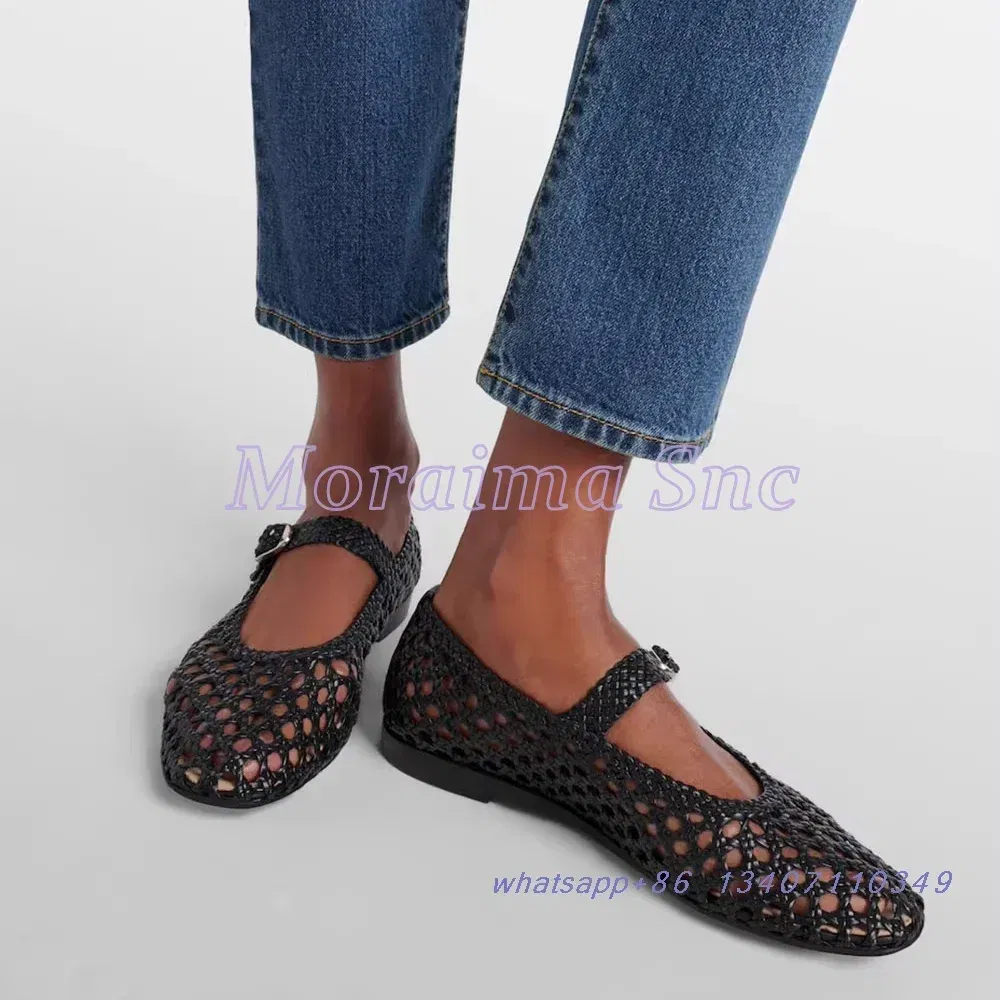 Color: black, Shoe Size: 36 - Hollow Woven Leather Ballet Shoes Flat With Round Toe Ankle Buckle Strap Fashion Shallow Women Shoes Mary Janes Summer New 2025