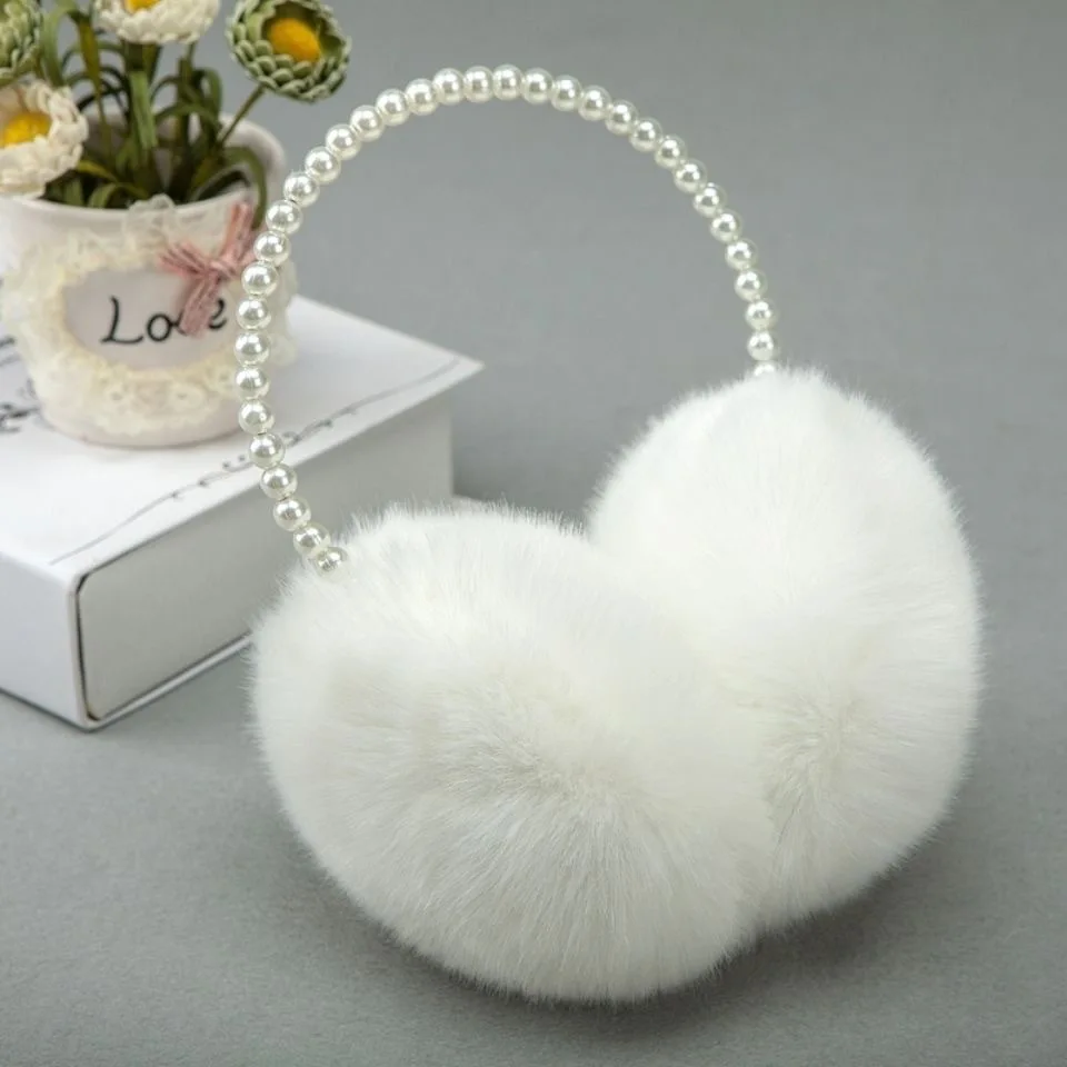 Color: LIGHT GRAY - Faux Pearl Hoop Plush Headband Elegant Solid Color Fluffy Earmuffs Thick Coldproof Ear Warmer For Women Girls