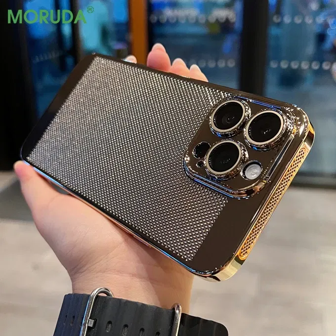 Color: Black, Material: Silicon - Luxury Plating Hollowed Out Case for iPhone 12 13 Mini 11 14 Pro Max X XR Xs Max 7 8 Plus Heat Dissipation Shockproof Lens Cover