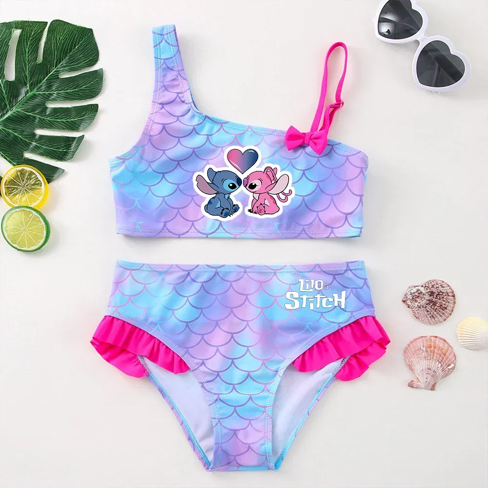 Color: Light Blue, Size: XS - Lilo Stitch Girls Swimsuit One-Piece Bathing Suits Children's Dresses Summer Swimwear Beach Suit Kids Wear Fashion Mermaid Fish