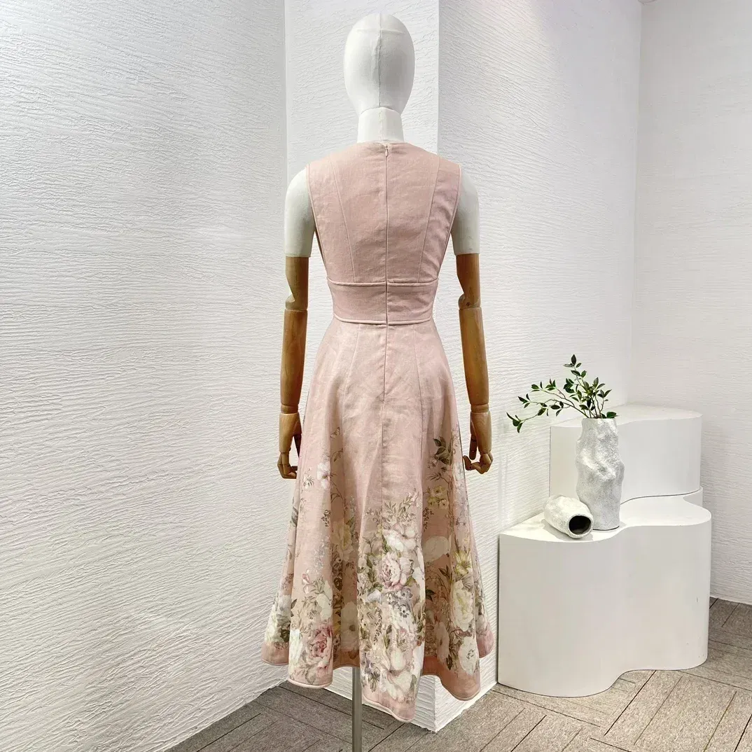 2024 New High Quality Link Lace-up Linen Floral Print A-line Sleeveless Deep V-neck Women Midi Dress for Holiday