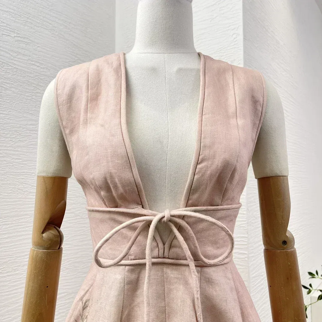 2024 New High Quality Link Lace-up Linen Floral Print A-line Sleeveless Deep V-neck Women Midi Dress for Holiday