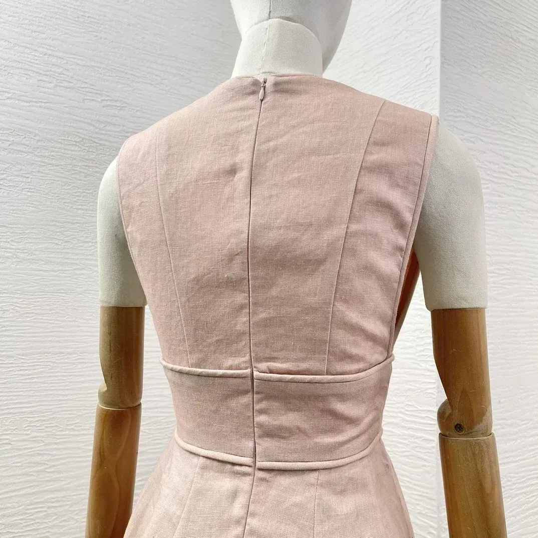 2024 New High Quality Link Lace-up Linen Floral Print A-line Sleeveless Deep V-neck Women Midi Dress for Holiday