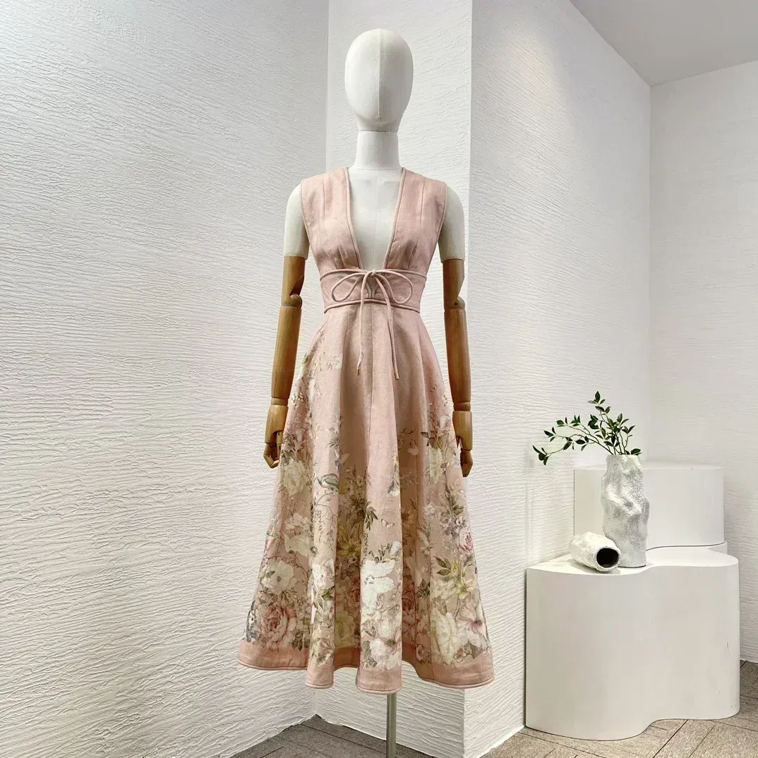 2024 New High Quality Link Lace-up Linen Floral Print A-line Sleeveless Deep V-neck Women Midi Dress for Holiday