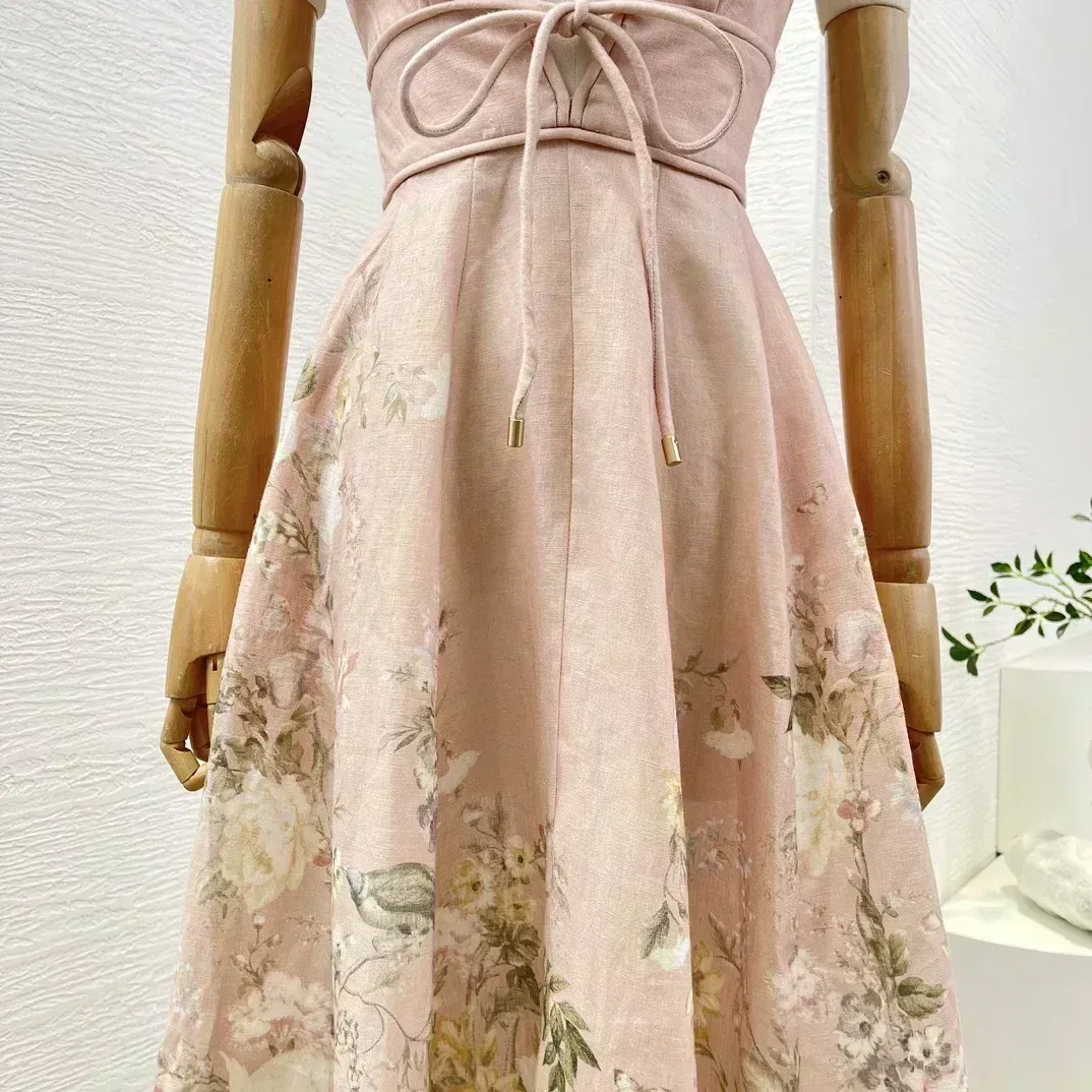 2024 New High Quality Link Lace-up Linen Floral Print A-line Sleeveless Deep V-neck Women Midi Dress for Holiday