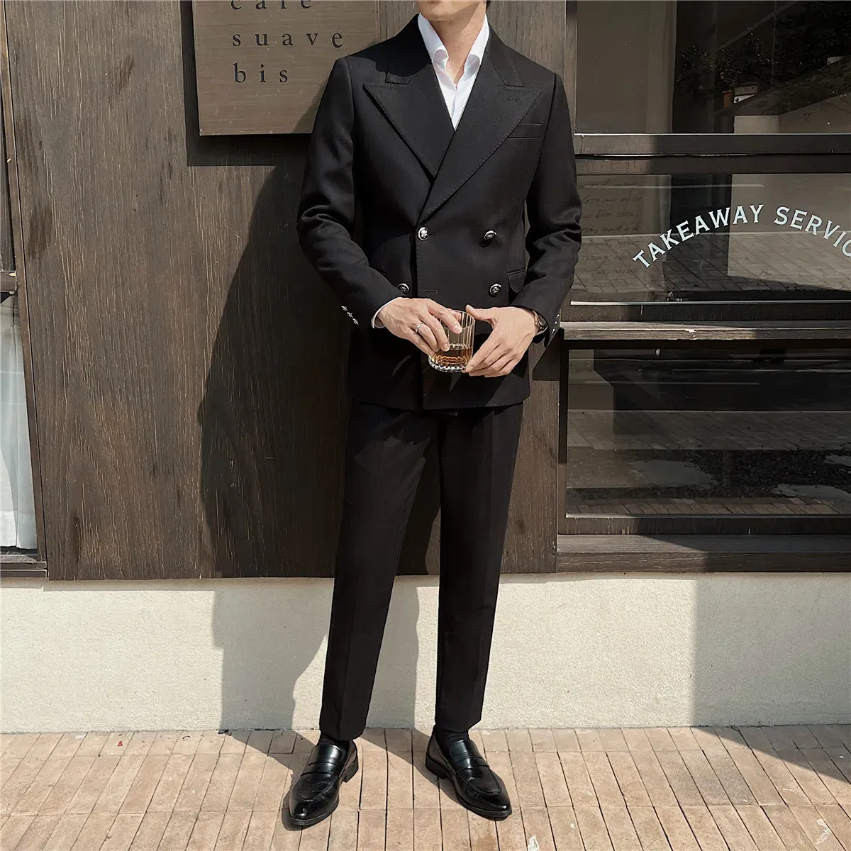 Color: black, Size: M - 2Pieces Jackets+Pants Design High Quality Men's Set Elegant Fashion Double Breasted Thick Wedding Dress Blazers And Trousers Set