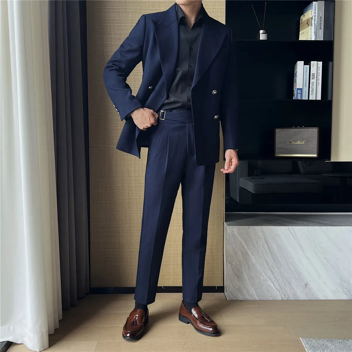 Color: black, Size: M - 2Pieces Jackets+Pants Design High Quality Men's Set Elegant Fashion Double Breasted Thick Wedding Dress Blazers And Trousers Set