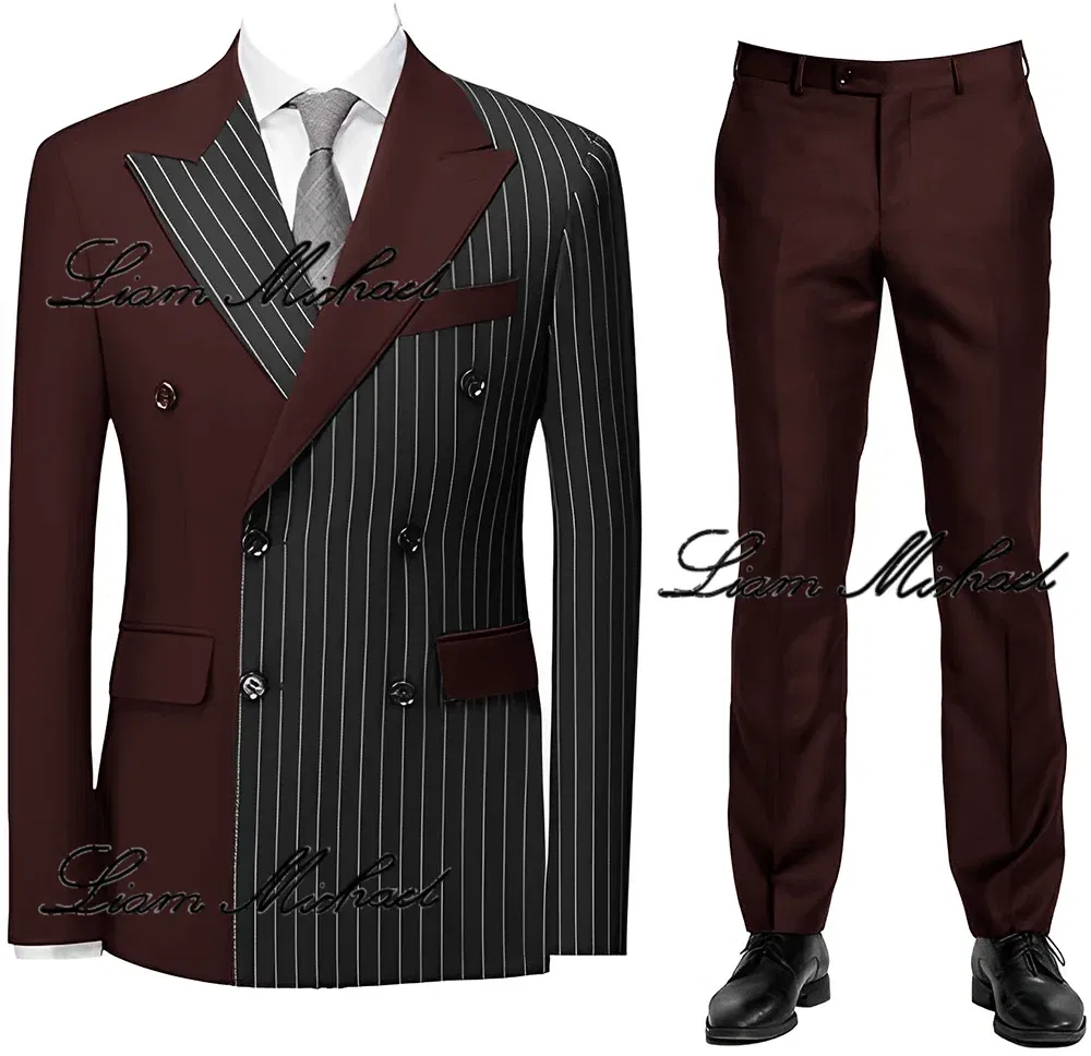 Striped Men's Suit 2 Piece Double Breasted Blazer Color Block Design Wedding Groom Tuxedo Elegant Fashion Men's Dress