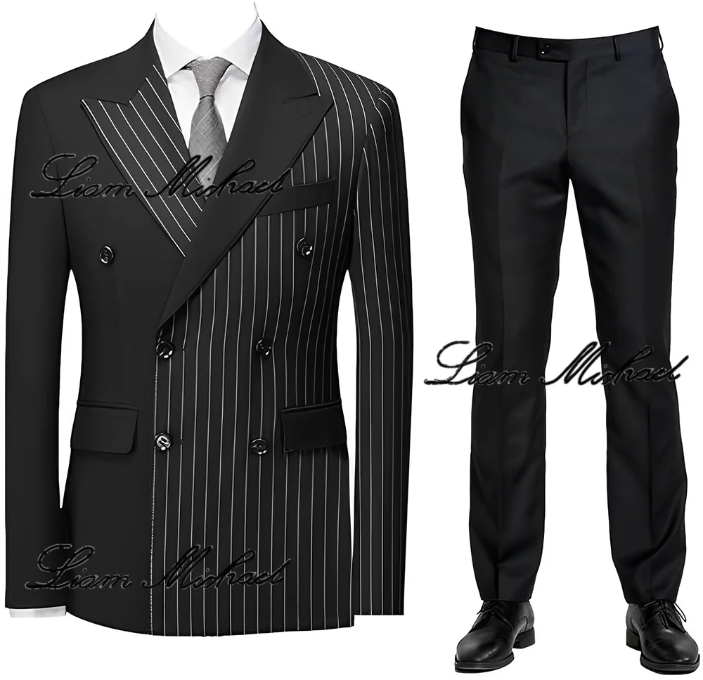 Striped Men's Suit 2 Piece Double Breasted Blazer Color Block Design Wedding Groom Tuxedo Elegant Fashion Men's Dress