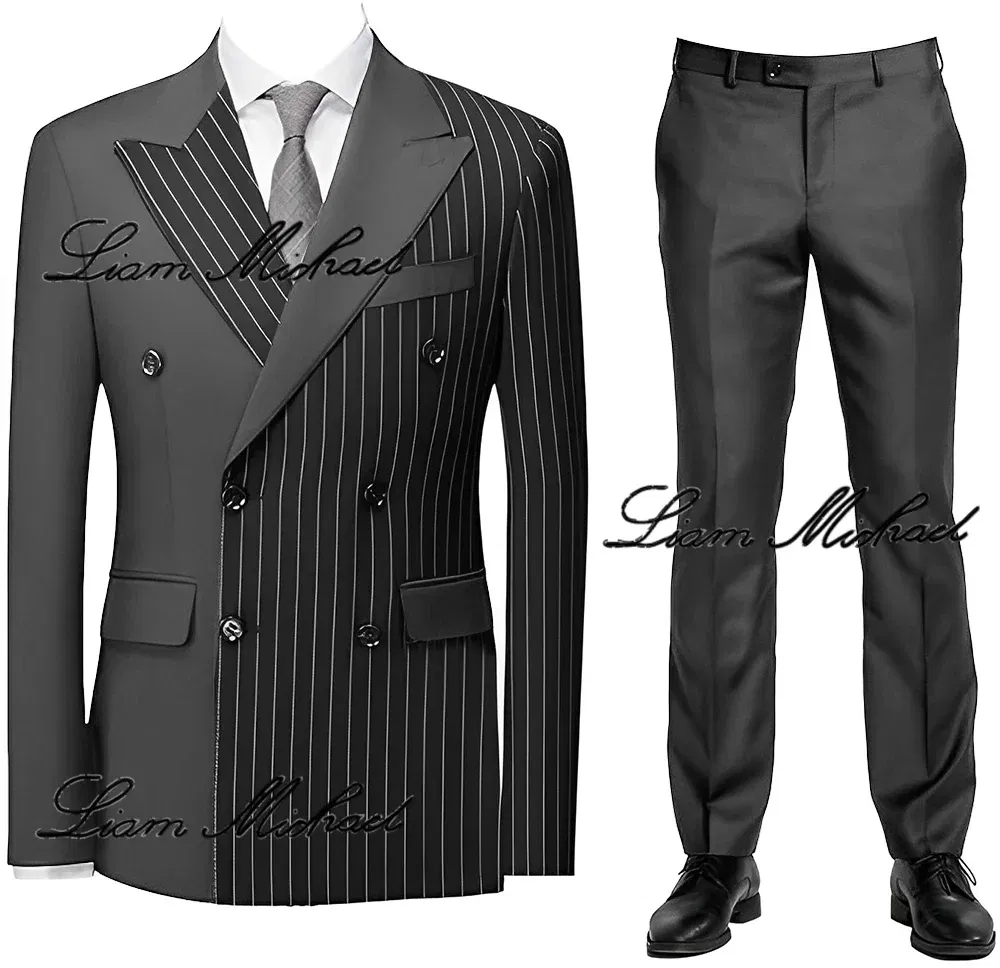 Striped Men's Suit 2 Piece Double Breasted Blazer Color Block Design Wedding Groom Tuxedo Elegant Fashion Men's Dress
