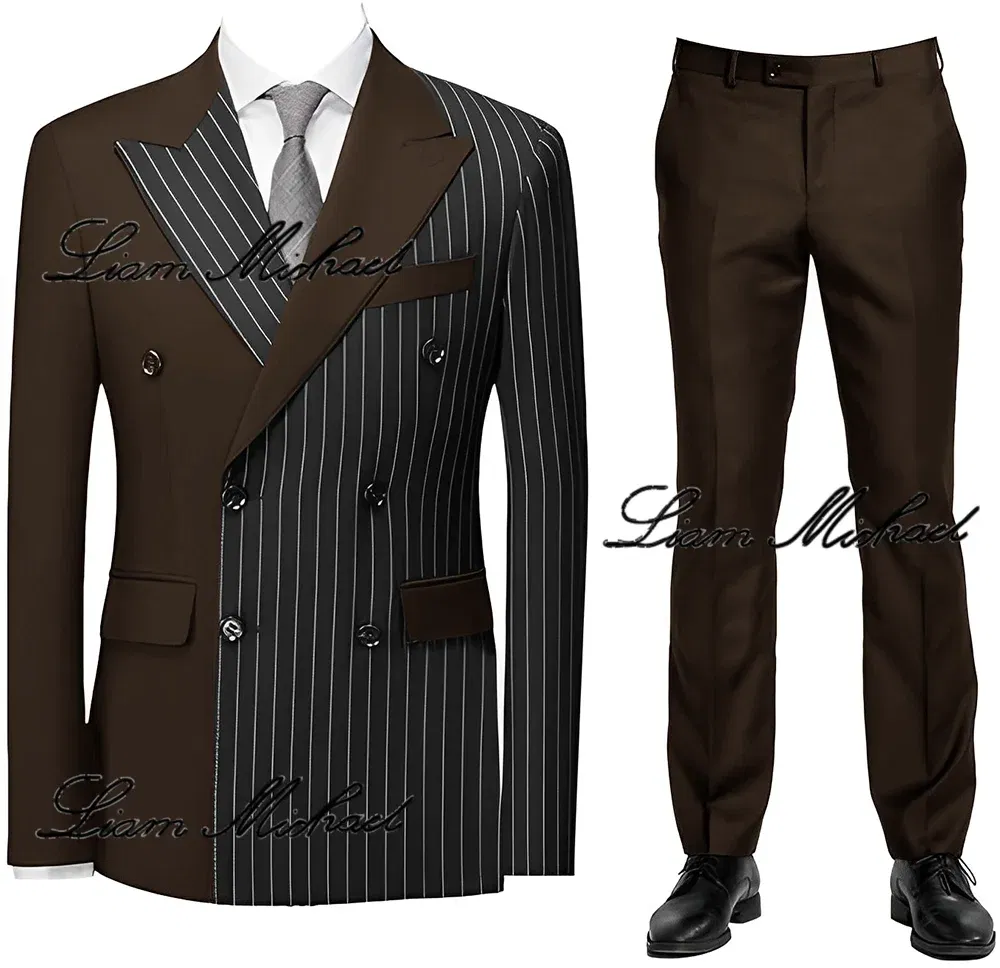 Striped Men's Suit 2 Piece Double Breasted Blazer Color Block Design Wedding Groom Tuxedo Elegant Fashion Men's Dress
