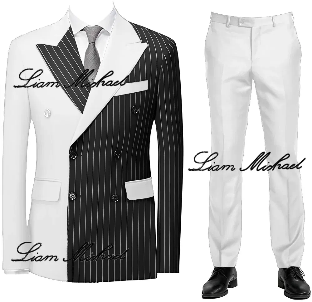 Striped Men's Suit 2 Piece Double Breasted Blazer Color Block Design Wedding Groom Tuxedo Elegant Fashion Men's Dress
