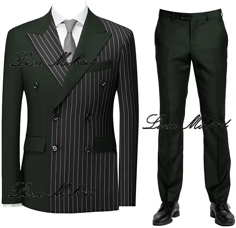 Striped Men's Suit 2 Piece Double Breasted Blazer Color Block Design Wedding Groom Tuxedo Elegant Fashion Men's Dress