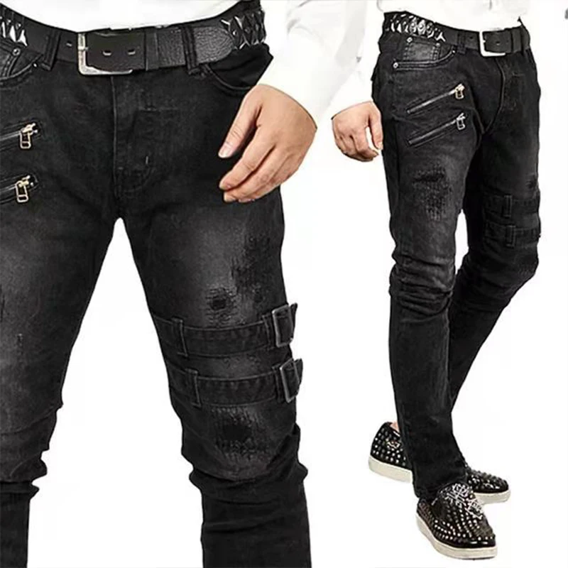 Color: Dark Grey, Size: M, Ships From: CHINA - Men's Punk Hip Hop Black Fashion Jeans Spring summer New Rock Motorcycle Street Wear Tight Casual Denim pants Straight leg pants
