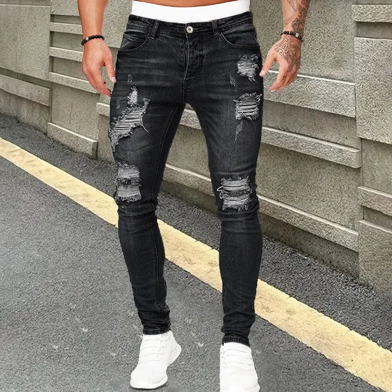 Color: Dark Grey, Size: M, Ships From: CHINA - Men's Punk Hip Hop Black Fashion Jeans Spring summer New Rock Motorcycle Street Wear Tight Casual Denim pants Straight leg pants