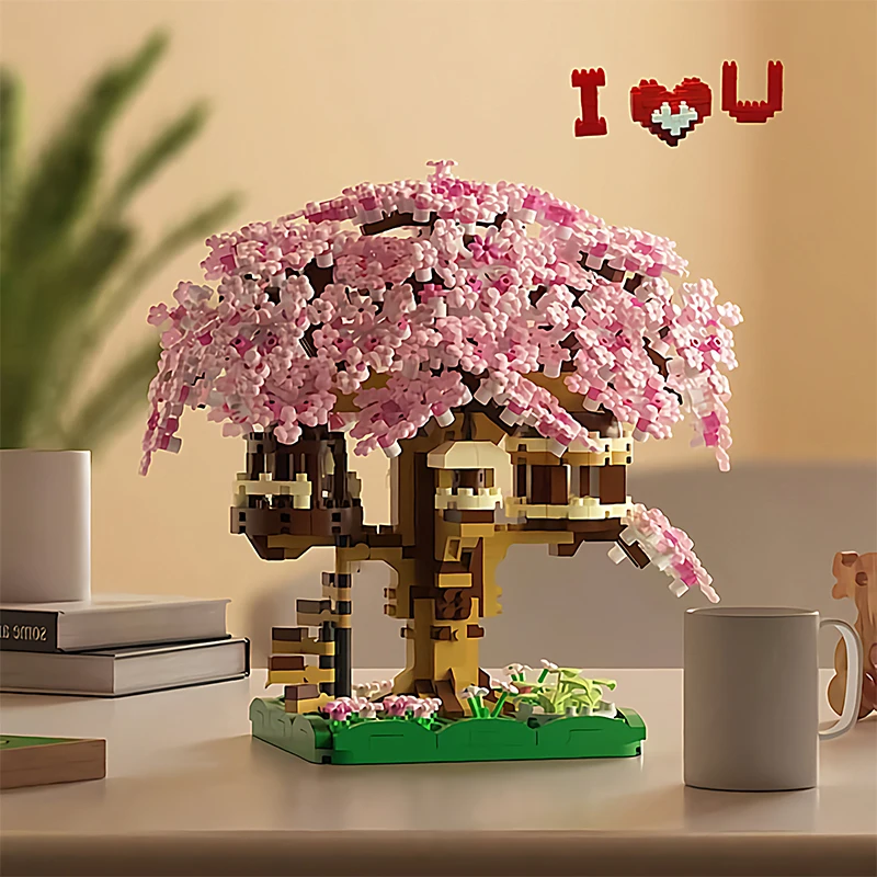 Mini Sakura Tree Building Blocks Set DIY Cherry Blossom Bricks Treehouse Model Decoration Romantic Gift for Girlfriend