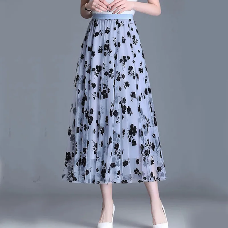 Color: Khaki, Size: S - GIDYQ Korean Women Mesh Skirt Fashion Hook Flower Loose Midi Skirt Elegant Female Casual All Match Skirts Summer New