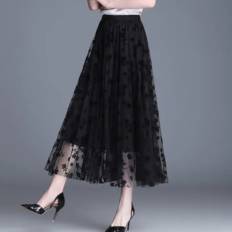 Color: Khaki, Size: S - GIDYQ Korean Women Mesh Skirt Fashion Hook Flower Loose Midi Skirt Elegant Female Casual All Match Skirts Summer New