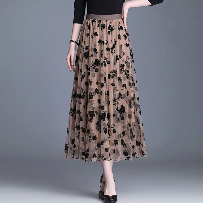 Color: Khaki, Size: S - GIDYQ Korean Women Mesh Skirt Fashion Hook Flower Loose Midi Skirt Elegant Female Casual All Match Skirts Summer New