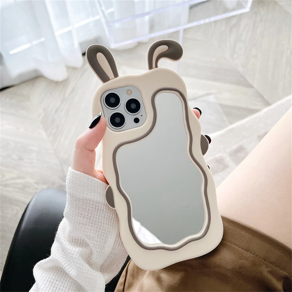 Color: Beige, Material: Wood - Cute Bunny Ears Mirror Phone Case For iPhone 15 14 Plus 13 12 11 Pro Max Shockproof Silicone Case