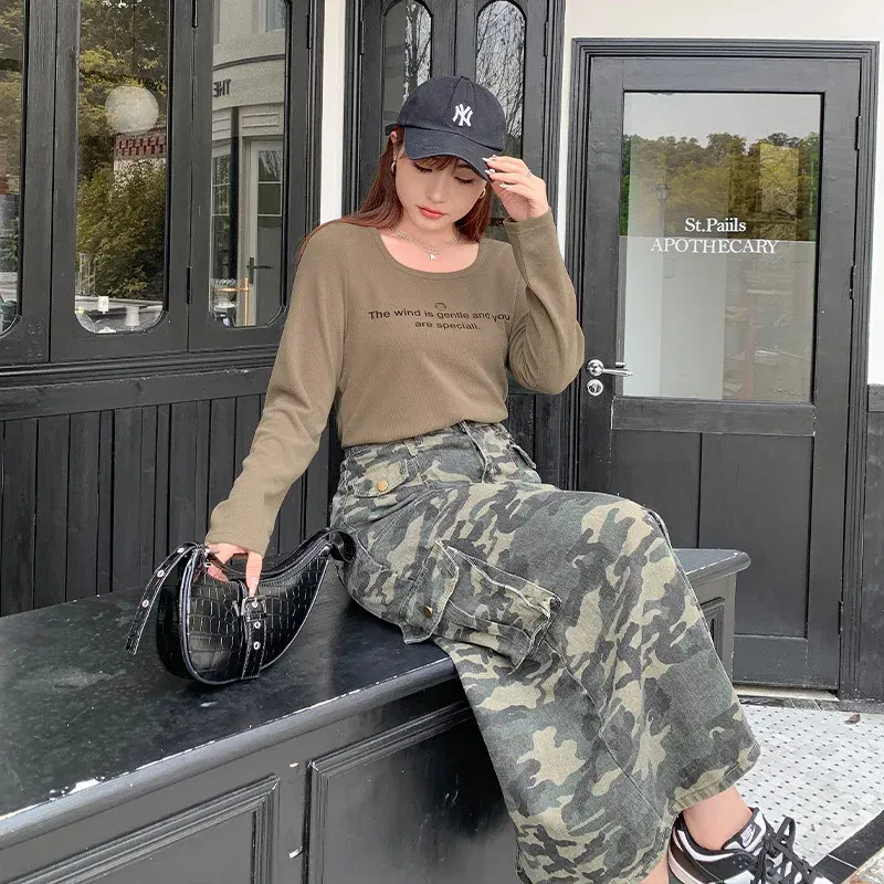 Color: Beige, Size: M - Casual Camouflage Skirt with Pockets Plus Size Women's High Waist A-Line Long Skirt