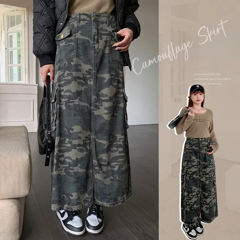 Color: Beige, Size: M - Casual Camouflage Skirt with Pockets Plus Size Women's High Waist A-Line Long Skirt