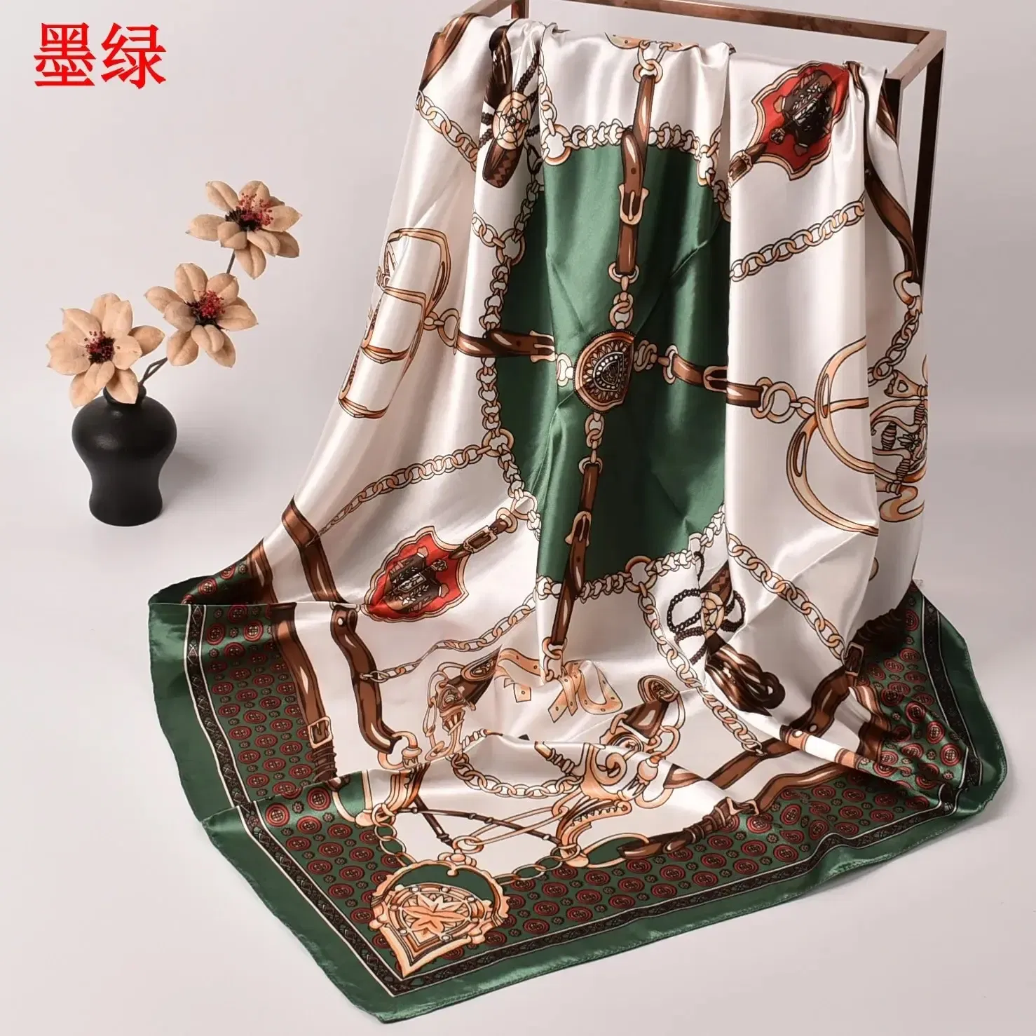Color: Pink - New Chain Square Scarf 90*90 Silk Color Ding Da Square Scarf Yiwu Spot Wholesale